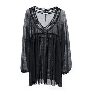 ROBIN PICCONE Flouncy Black Mesh & Crochet Cover Up Beach Dress O/S